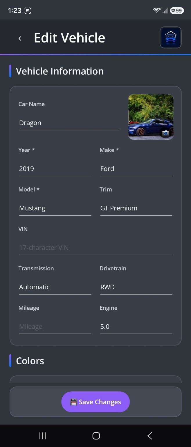 Edit vehicle screen