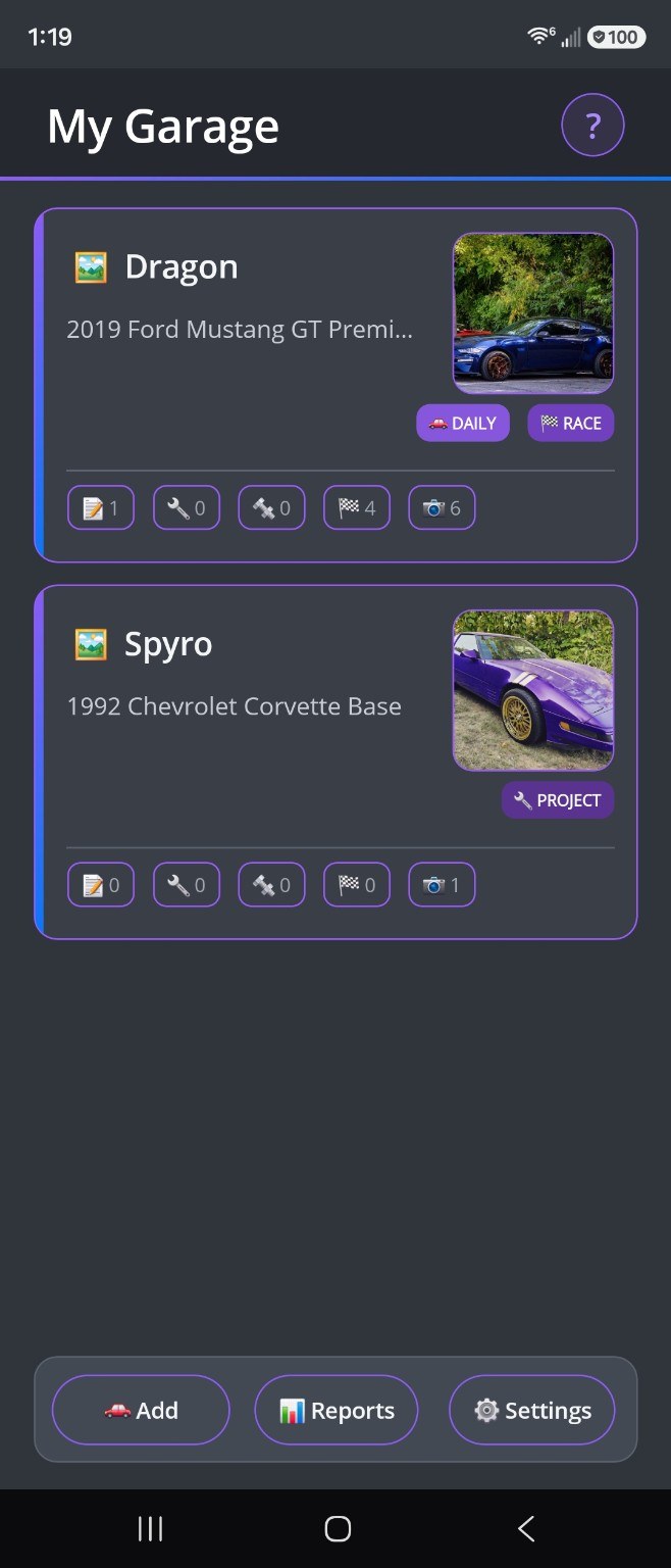 Garage screen showing multiple vehicles