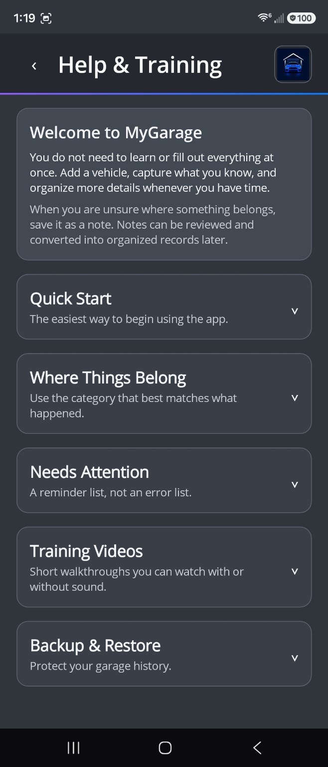 MyGarage help and training screen