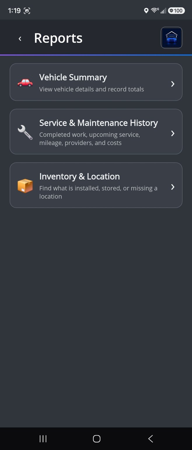 MyGarage reports screen
